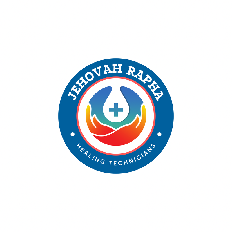 Jehovah Rapha Healing Technicians ministry logo — hands cradling a cross
