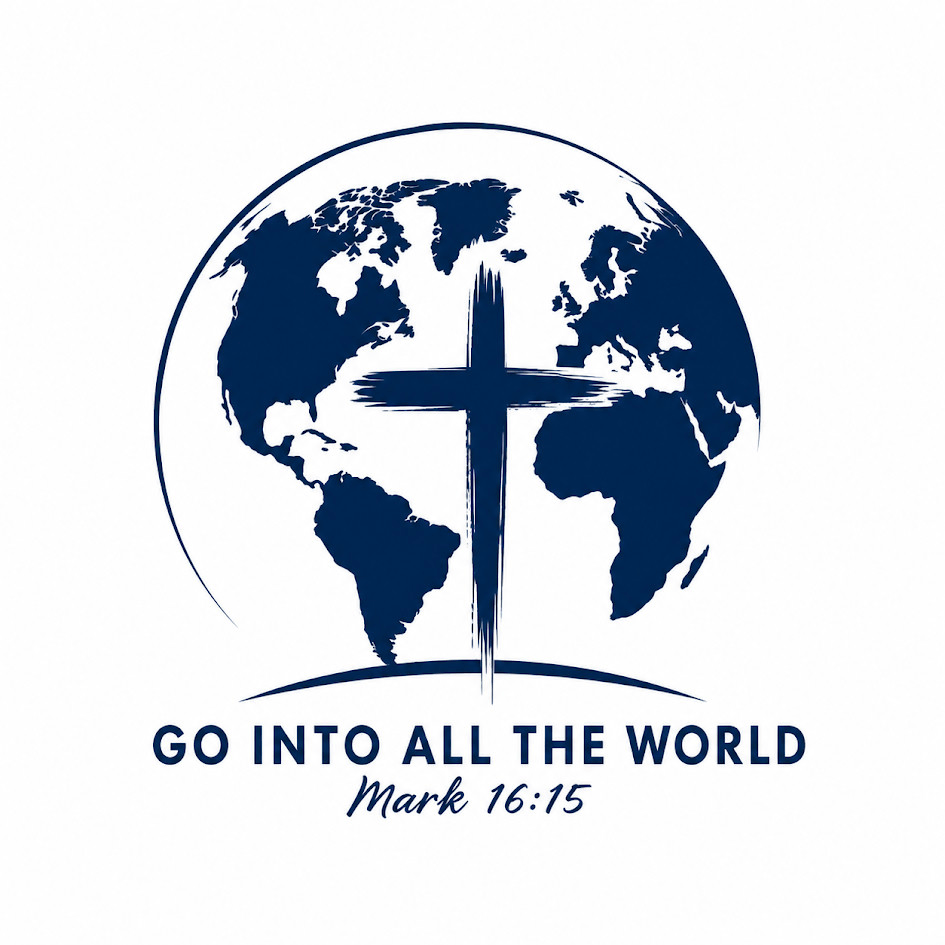 Faith Outreach missions emblem — a cross over the globe with “Go into all the world — Mark 16:15”