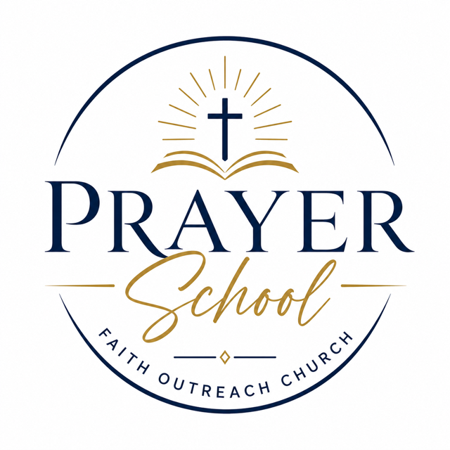 Prayer School logo — a gold cross over an open Bible, Faith Outreach Church